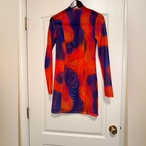 REVOLVE Vibrant 70’s 60’s Orange and Blue Sheer Dress Midi